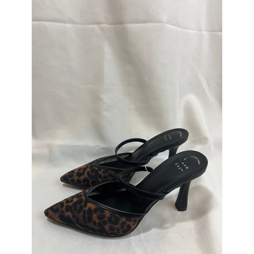 A New Day Womens Leopard Mesh Pointed Toe Mules Heels Brown Black Size 7.5